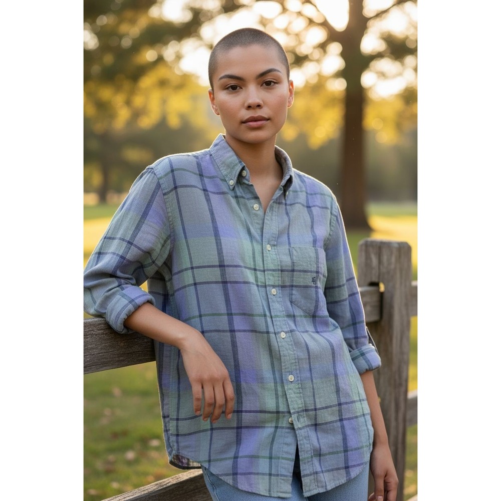 Lauren Ralph Lauren 100% Linen Plaid Button Shirt Blouse Women Medium M Pastel